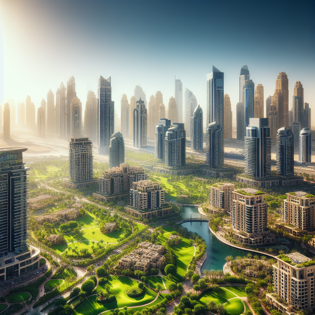 Dubai real estate market with new high-rise buildings and lush green parks, bustling with activity under the clear blue skies of a sunny day. The image showcases modern architecture and vibrant community spaces, reflecting a thriving real estate sector in the city.