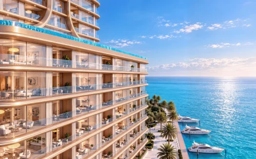 Shahrukhz Residences by Danube in Dubai Maritime City, curved glass façade above a palm-lined promenade with moored yachts